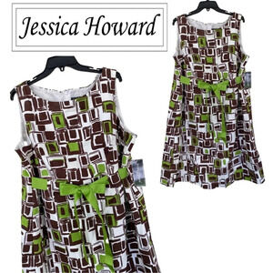 NWT, Jessica‎ Howard, Sleeveless Fit and Flare Sundress, Green, Brown, White